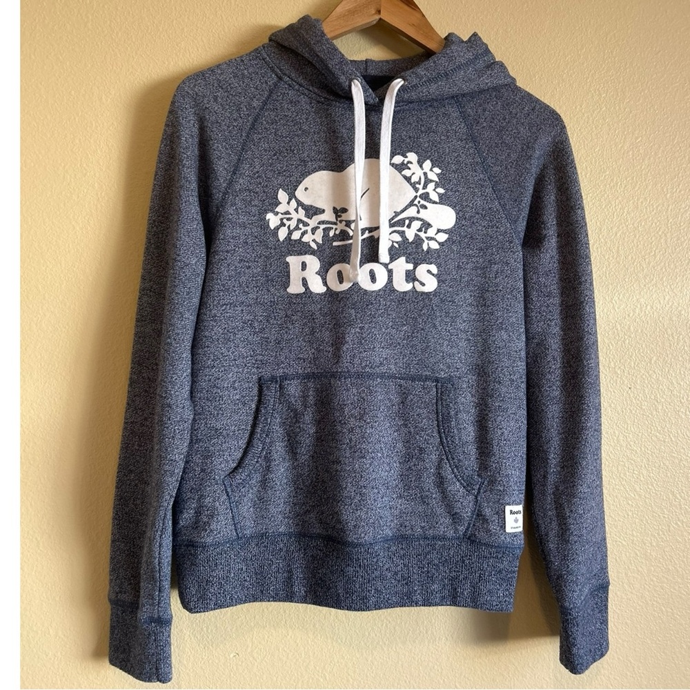 Roots Size XS Blue Hooded Sweatshirt Logo Kangaroo Pocket